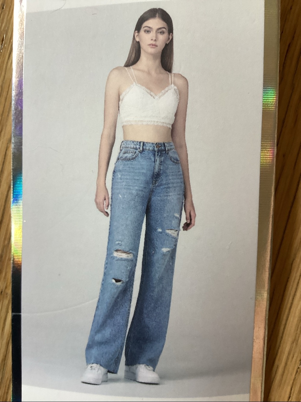 Simple Society high waist wide straight leg distressed medium wash raw h…